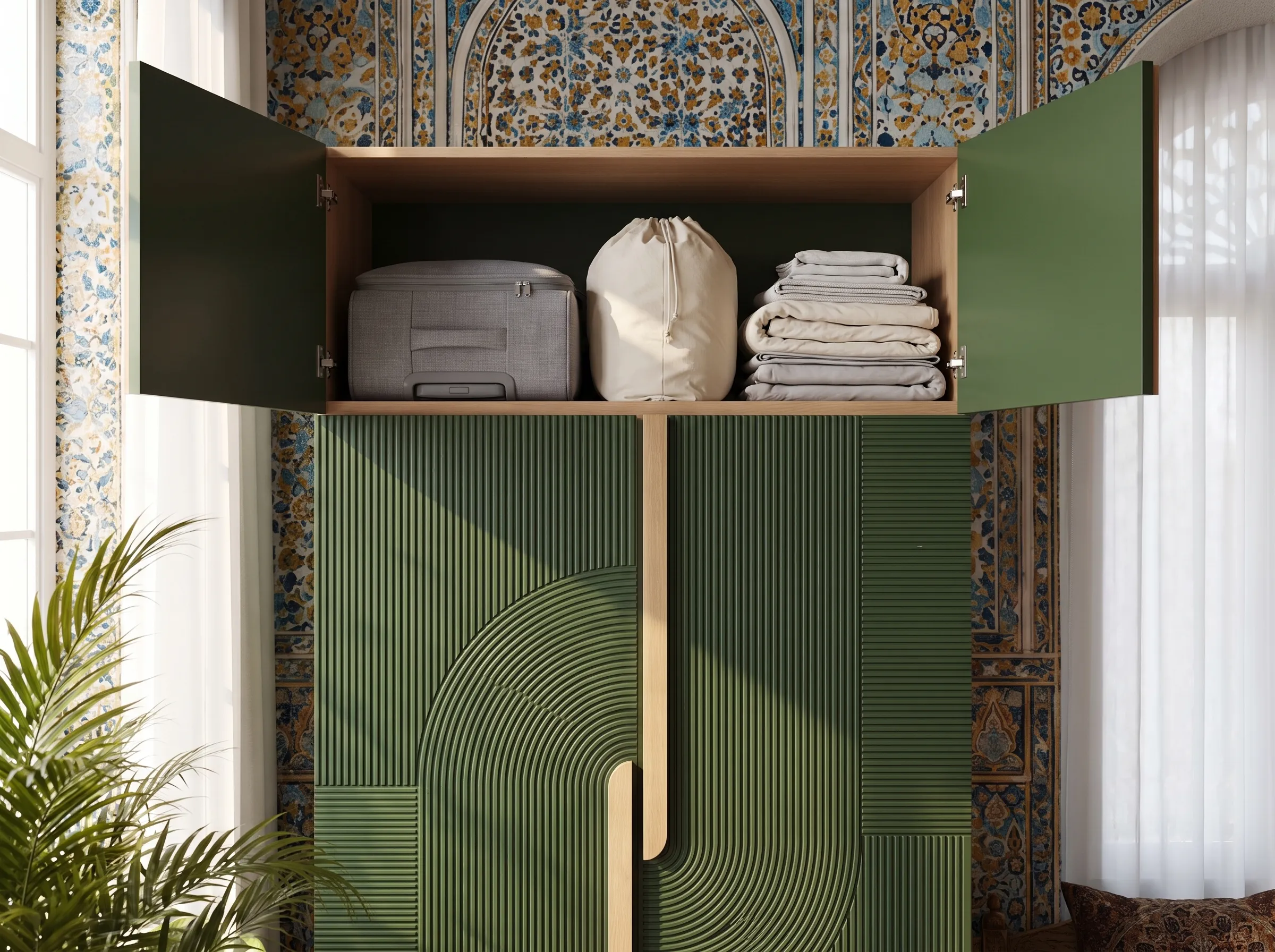 باکس بالایی یه کمد کمدینو که باز شده: یه چمدون، یه کیسه پارچه‌ای و یه دسته ملافه تاشده داخلشه